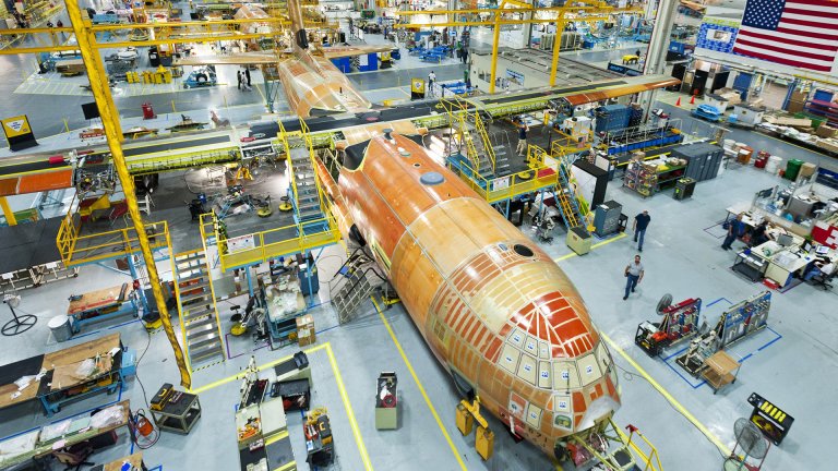 A C-130J on the production line in Marietta